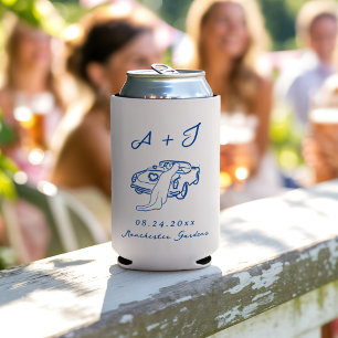 Whimsical Hand Drawn Navy Vintage Car Wedding Can Cooler