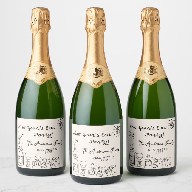 Whimsical Hand Drawn New Year's Eve Party Sparkling Wine Label (Bottles)