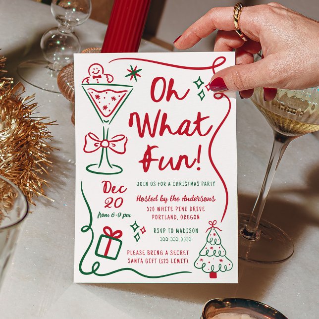 Whimsical Hand-Drawn Oh What Fun Christmas Party Invitation (Creator Uploaded)
