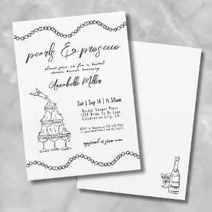 Whimsical Hand Drawn Pearls Prosecco Bridal Shower Invitation