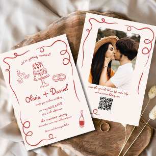 Whimsical Hand Drawn Photo QR Code Red Wedding Invitation