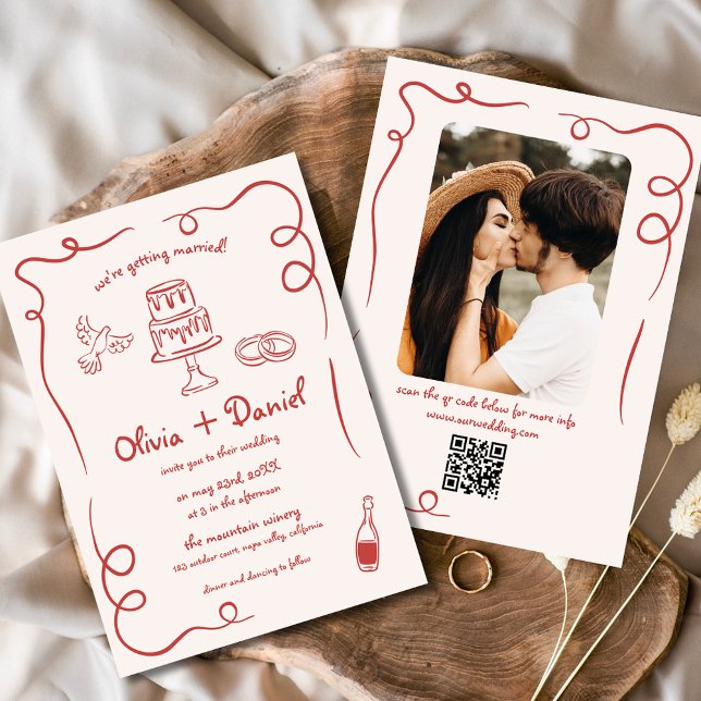 Whimsical Hand Drawn Photo QR Code Red Wedding Invitation (Creator Uploaded)