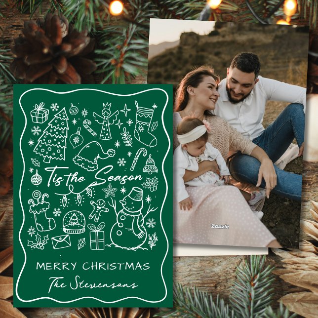 Whimsical Hand Drawn Pine Green Photo Christmas  Holiday Card (Creator Uploaded)