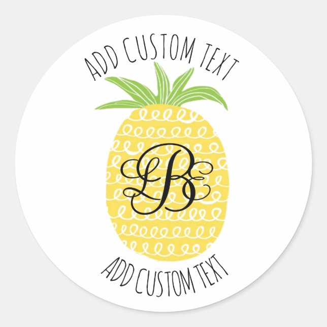 Whimsical Hand-drawn Pineapple Monogrammed Classic Round Sticker (Front)