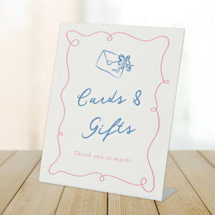 Whimsical Hand Drawn Pink & Blue Cards & Gifts Pedestal Sign