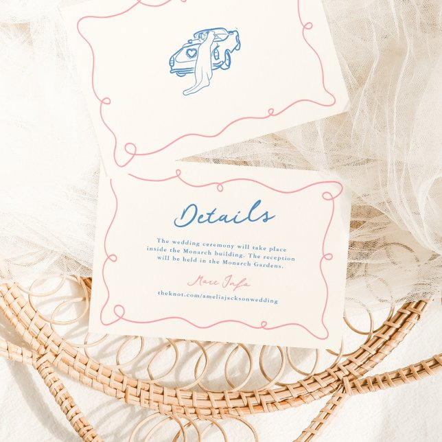 Whimsical Hand Drawn Pink & Blue Wedding Details Invitation (Creator Uploaded)