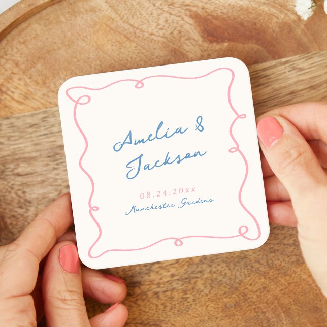 Whimsical Hand Drawn Pink & Blue Wedding Square Paper Coaster (Creator Uploaded)