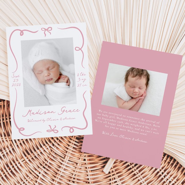 Whimsical Hand-Drawn Pink Bows 2 Photo Birth Announcement (Creator Uploaded)