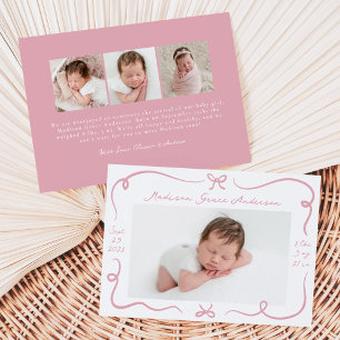 Whimsical Hand-Drawn Pink Bows 4 Photo Birth Announcement