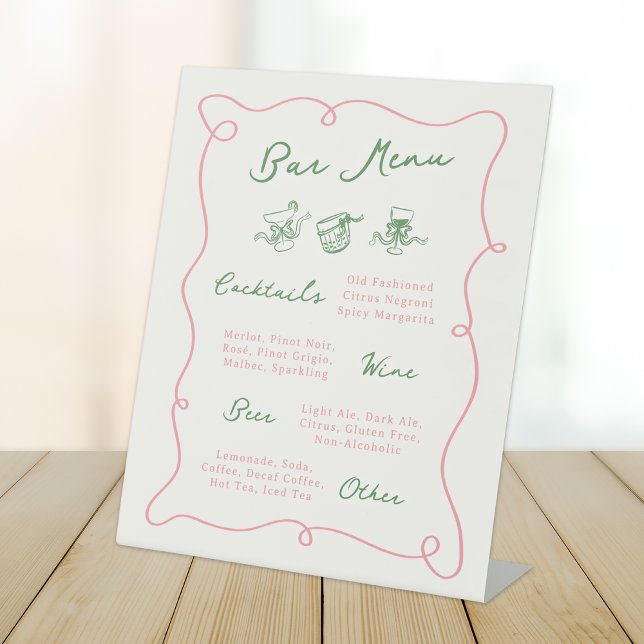 Whimsical Hand Drawn Pink & Green Bar Menu Pedestal Sign (Creator Uploaded)