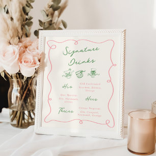 Whimsical Hand Drawn Pink & Green Signature Drinks Poster