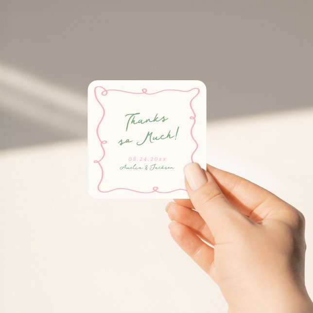 Whimsical Hand Drawn Pink & Green Thank You Square Sticker (Creator Uploaded)