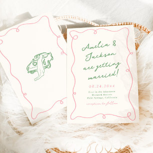Whimsical Hand Drawn Pink & Green Wedding Invitation
