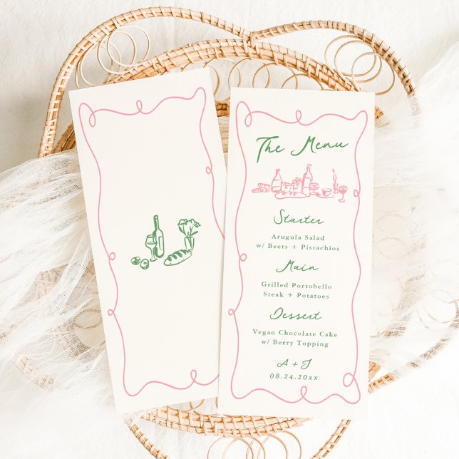 Whimsical Hand Drawn Pink & Green Wedding Menu (Creator Uploaded)