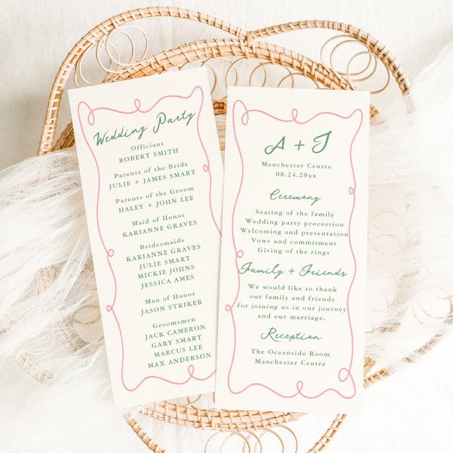 Whimsical Hand Drawn Pink & Green Wedding Program Menu (Creator Uploaded)