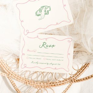 Whimsical Hand Drawn Pink & Green Wedding RSVP Invitation