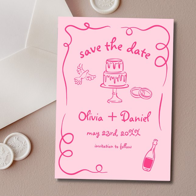 Whimsical Hand Drawn Pink Quirky Wedding French Save The Date (Creator Uploaded)