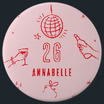 whimsical hand drawn pink red birthday drinks 6 cm round badge<br><div class="desc">Pink and red whimsical hand drawn editable birthday drinks cocktail disco ball bow coquette party favour decor button design.</div>