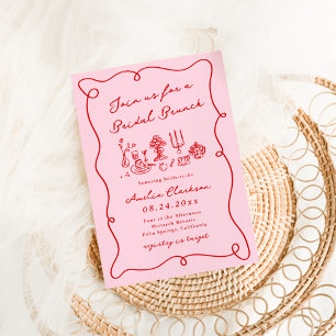 Whimsical Hand Drawn Pink & Red Bridal Brunch Invitation