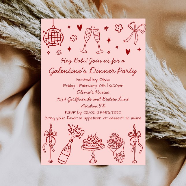 Whimsical Hand Drawn Pink Red Galentines Day Party Invitation (Creator Uploaded)