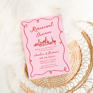 Whimsical Hand Drawn Pink & Red Rehearsal Dinner Invitation
