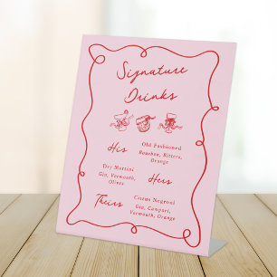 Whimsical Hand Drawn Pink & Red Signature Drinks Pedestal Sign