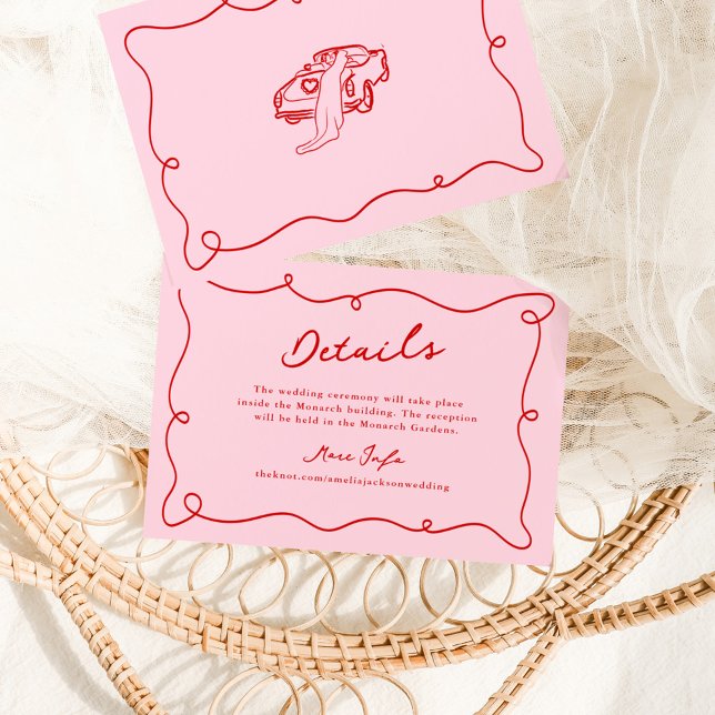 Whimsical Hand Drawn Pink & Red Wedding Details Invitation (Creator Uploaded)