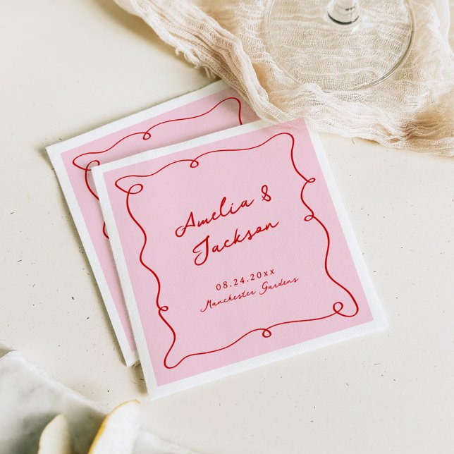 Whimsical Hand Drawn Pink & Red Wedding Napkin (Creator Uploaded)