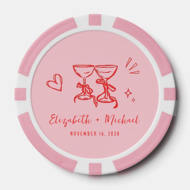Whimsical Hand Drawn Pink Red Wedding Poker Chips (Front)