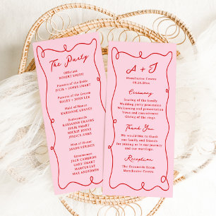 Whimsical Hand Drawn Pink & Red Wedding Program Menu