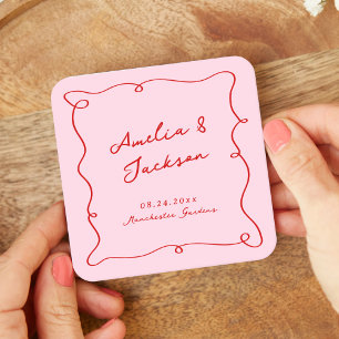 Whimsical Hand Drawn Pink & Red Wedding Square Paper Coaster