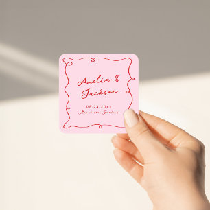 Whimsical Hand Drawn Pink & Red Wedding Square Sticker