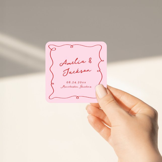 Whimsical Hand Drawn Pink & Red Wedding Square Sticker (Creator Uploaded)