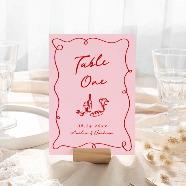Whimsical Hand Drawn Pink & Red Wedding Table Number (Creator Uploaded)