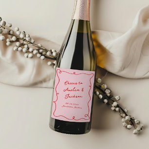 Whimsical Hand Drawn Pink & Red Wedding Wine Label