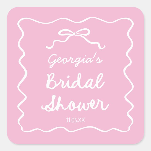 Whimsical Hand Drawn Pink White Bow Bridal Shower Square Sticker (Front)