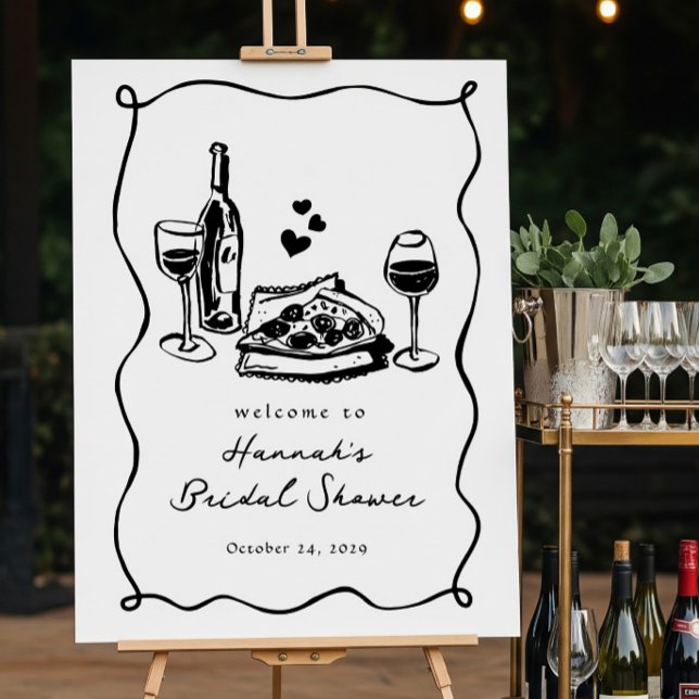 Whimsical Hand Drawn Pizza Wine Bridal Shower Poster (Creator Uploaded)