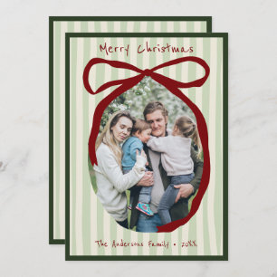 Whimsical Hand Drawn Quirky Red Wavy Ribbon Photo Holiday Card