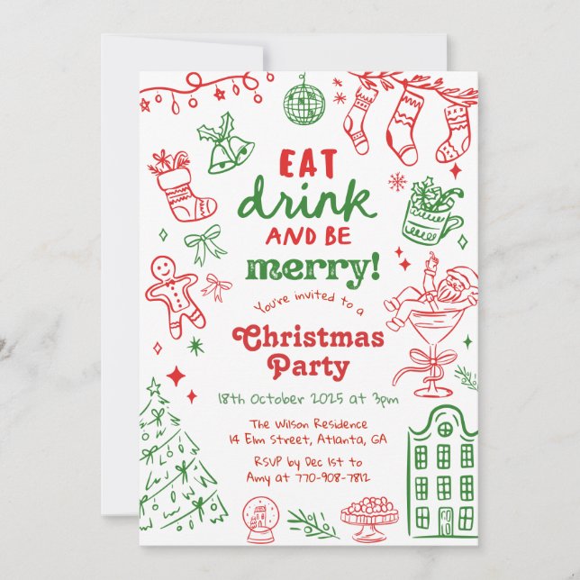 Whimsical Hand Drawn Red and Green Christmas Party Invitation (Front)