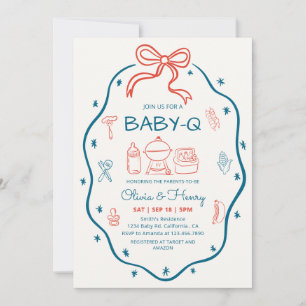Whimsical Hand Drawn Red & Blue BBQ Baby Shower Invitation