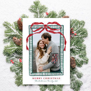 Whimsical Hand Drawn Red Bow Christmas 1 Photo Holiday Card