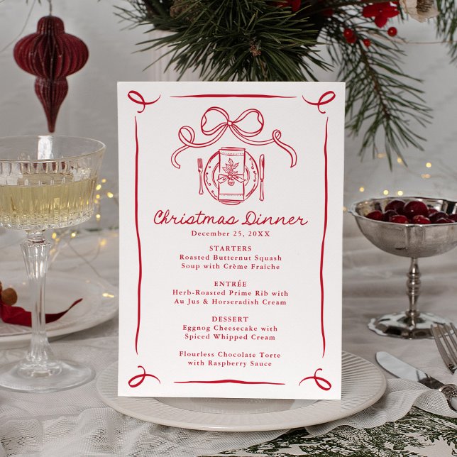 Whimsical Hand-Drawn Red Bow Christmas Dinner Menu (Creator Uploaded)
