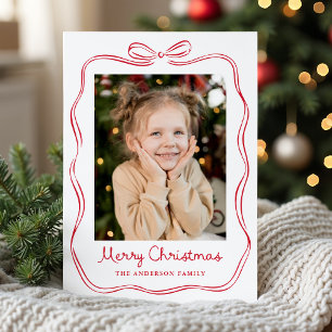 Whimsical Hand-Drawn Red Bow Frame 2 Photo Holiday Card