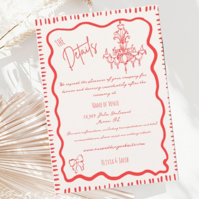 Whimsical Hand Drawn Red Bow Wavy Wedding Details Enclosure Card (Creator Uploaded)