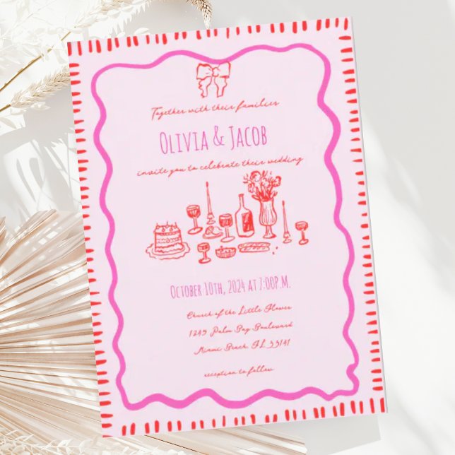 Whimsical Hand Drawn Red Bow Wavy Wedding Invitation (Creator Uploaded)