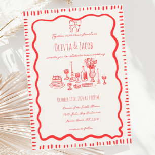 Whimsical Hand Drawn Red Bow Wavy Wedding Invitation