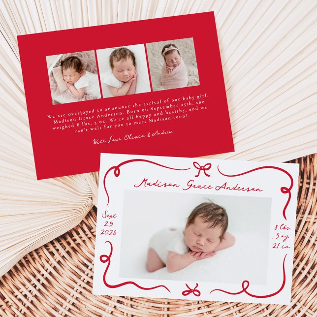 Whimsical Hand-Drawn Red Bows 4 Photo Birth Announcement (Creator Uploaded)
