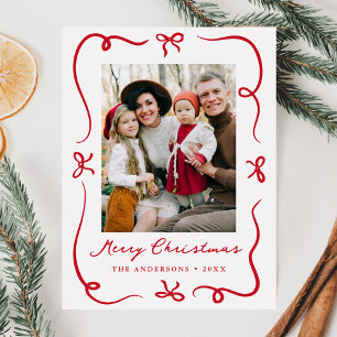 Whimsical Hand-Drawn Red Bows Photo Christmas Holiday Postcard
