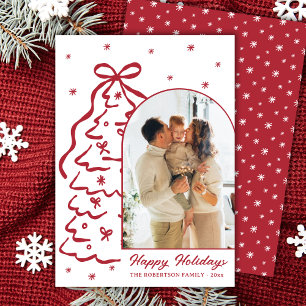 Whimsical Hand-Drawn Red Christmas Tree Arch Photo Holiday Card
