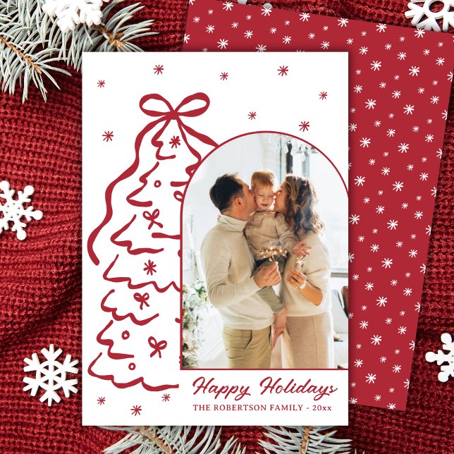 Whimsical Hand-Drawn Red Christmas Tree Arch Photo Holiday Card (Creator Uploaded)